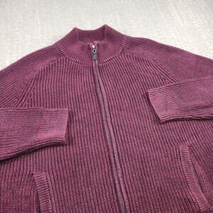 LL Bean Mens Large Heavy Cotton Chunky Waffle Knit Full Zip Jacket Maroon 298244